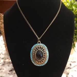 Ruby and Blue Oval Pendant Necklace